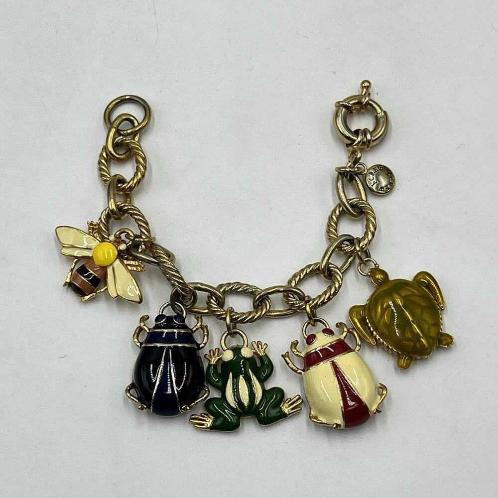 J. Crew Gold Tone Charm Bracelet Enamel Bee Beetle‎ Frog Turtle Animal Charms